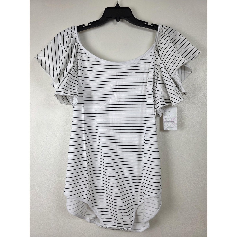 Eden‎ & Ivy Bodysuit Womens 3X White Black Striped Ruffle Sleeve Stretch Tee Top